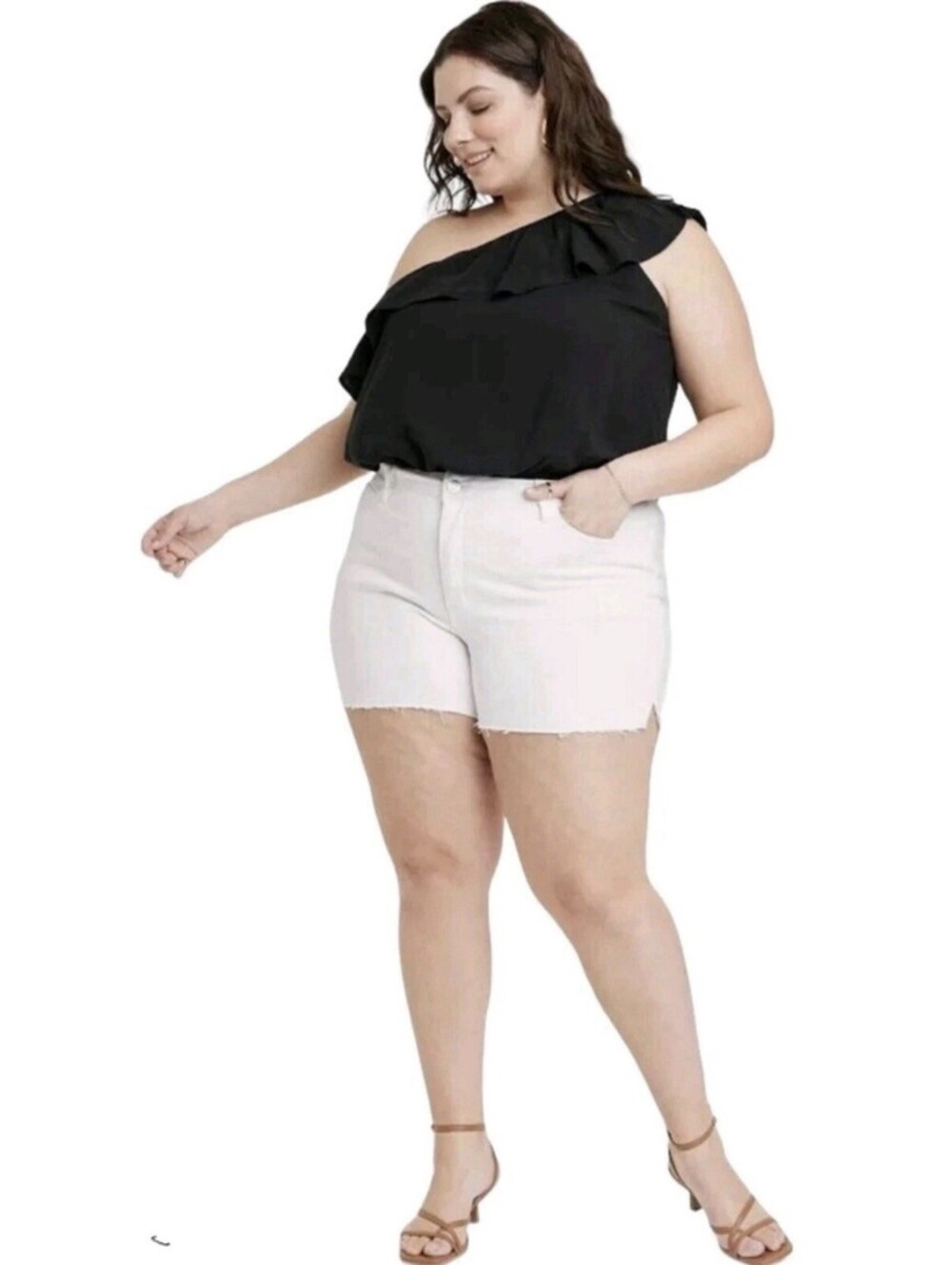Ava & Viv NWT Womens Plus Size 30W White High-Rise Denim Midi Shorts Raw Hem